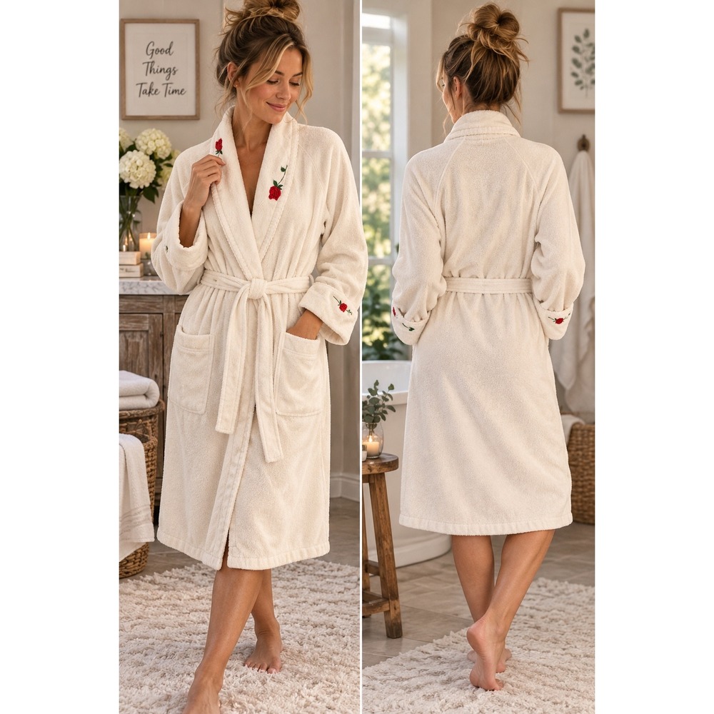 Anne Lewin New York Robe M 100% Cotton Terry Cloth Embroidered Roses Vintage